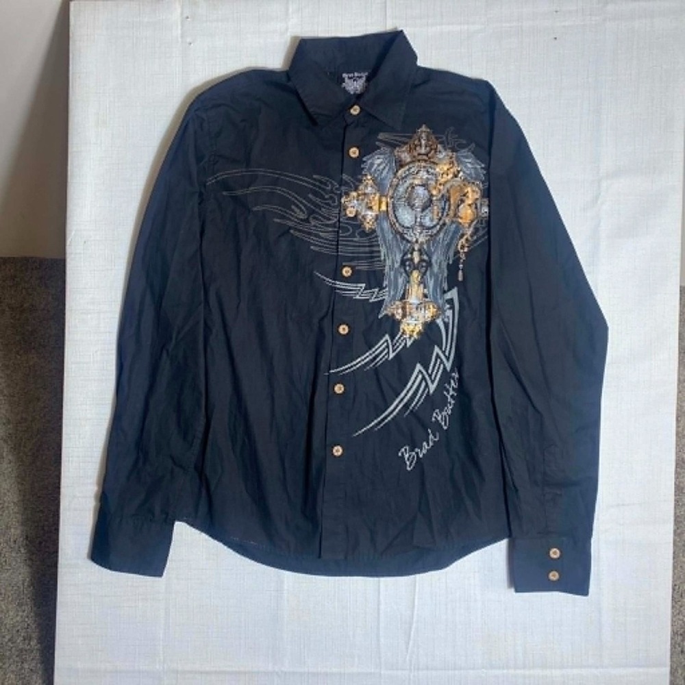 Brad Butter Y2K Gothic Wing Button Up Shirt Black Biker Mall Goth Large